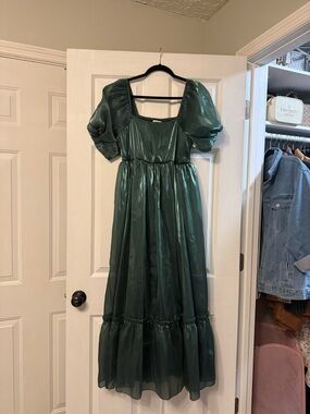 Shimmery Emerald Green Puff Sleeve Maxi Dress